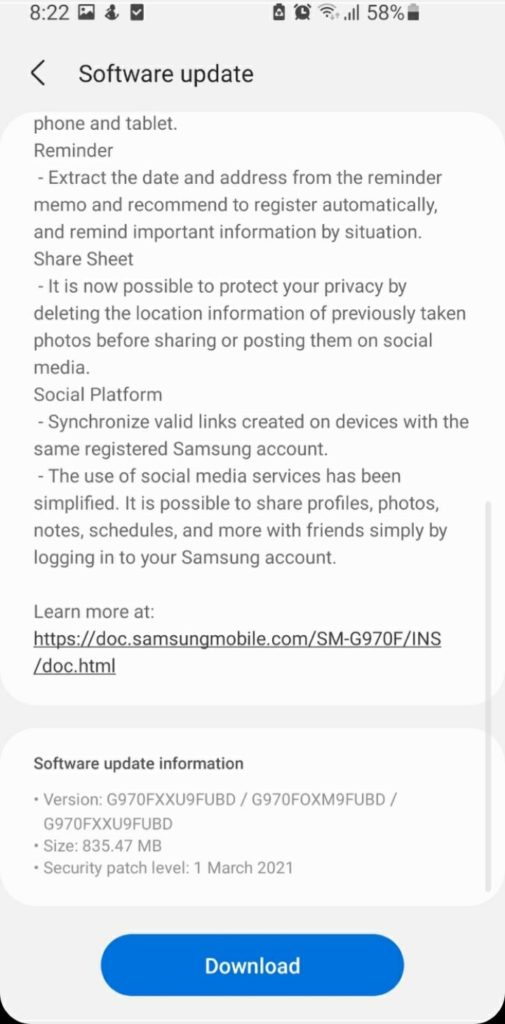 One UI 3.1 update for samsung galaxy s10e