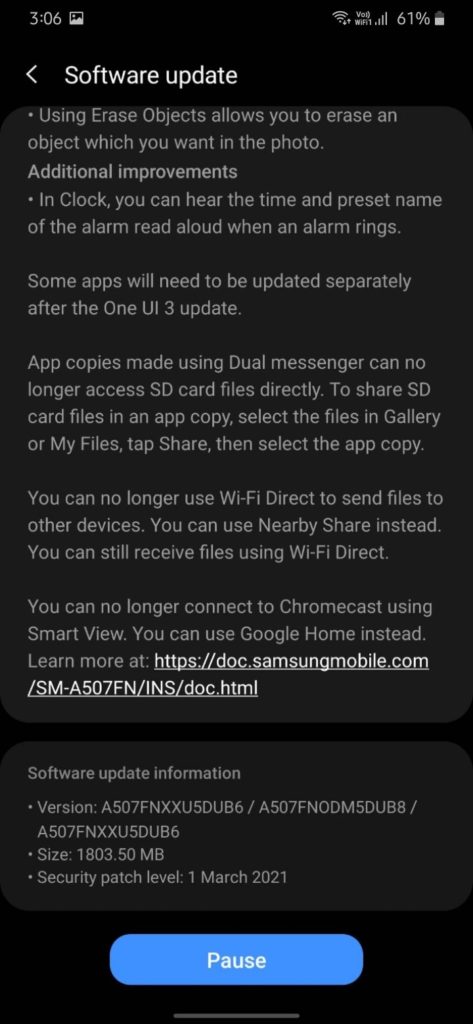 Samsung Galaxy A50s OneUI 3.1 OTA update with Android 11 screenshot