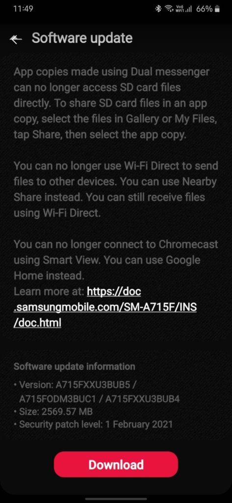 Samsung Galaxy A71 OneUI 3.1 OTA update screenshot